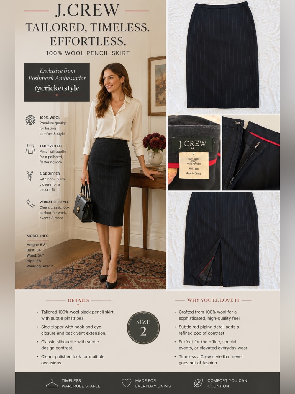 J. Crew 100% Wool Black Plaid Midi Skirt